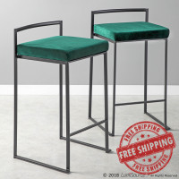 Lumisource B26-FUJI BKVGN2 Fuji Contemporary Stackable Counter Stool in Black with Green Velvet Cushion - Set of 2 